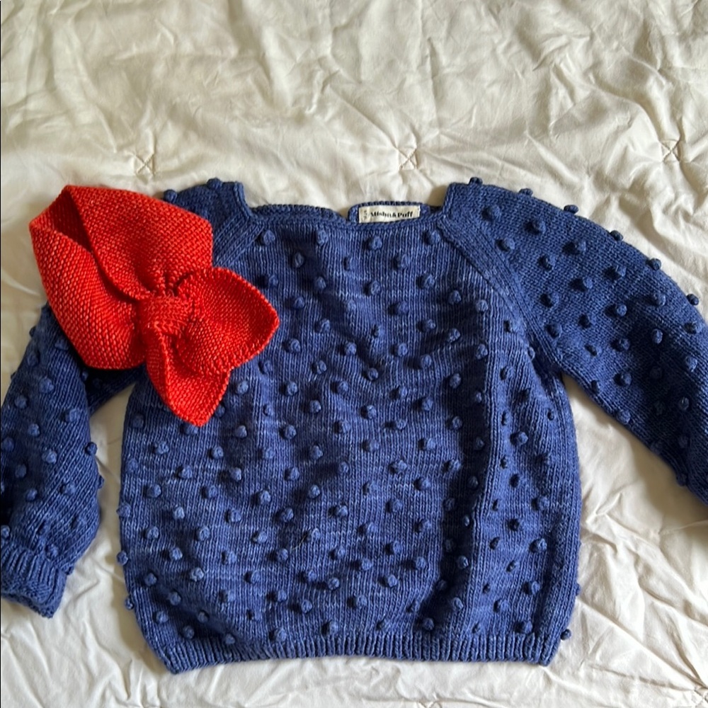 Misha And Puff Blue Sweater with Red Bow